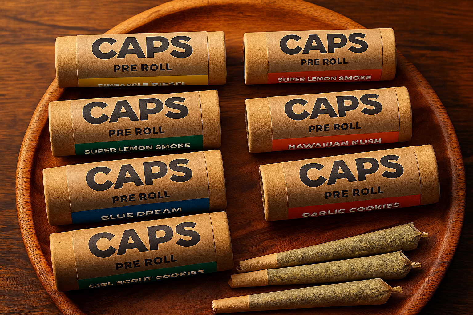 Caps Pre Rolls in assorted strains and flavors displayed on a tray, highlighting variety and cannabis convenience.